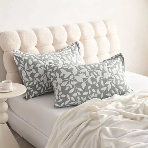 Kelnaro 3 Layer Muslin Cotton Pillow Shams, King 20x36 Inches, 2 Pack, Gray Leaf