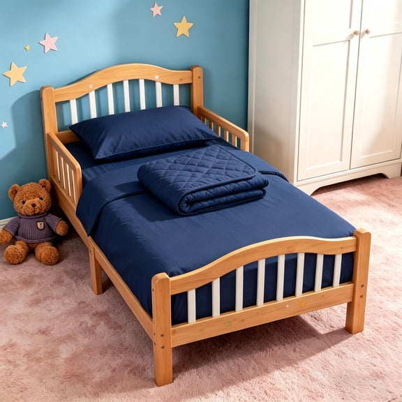 Kelnaro 4 Piece Navy Blue Toddler Bedding Set – Soft Microfiber Fitted Sheet, Quilt, Flat Sheet & Pillowcase, Fade & Shrink Resistant, Machine Washable