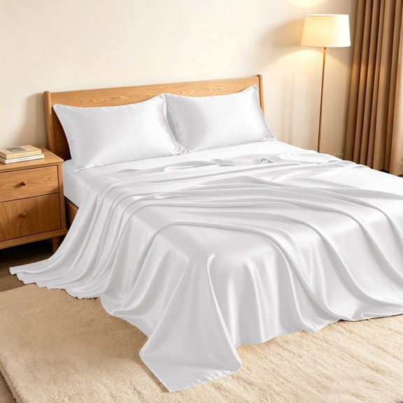 Kelnaro California King Size Satin Sheet Set 4-Piece, Deep Pocket Cooling & Breathable Bedding, Silky Soft Wrinkle Resistant, White