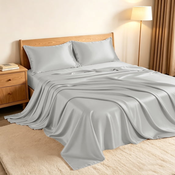 Kelnaro Full Size Satin Sheet Set 4-Piece, Deep Pocket Cooling & Breathable Bedding, Silky Soft Wrinkle Resistant, Silver Gray