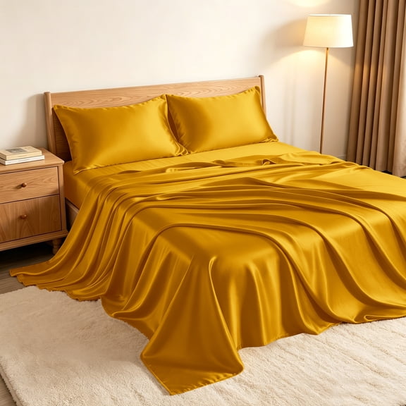 Kelnaro Twin Size Satin Sheet Set 3-Piece, Deep Pocket Cooling & Breathable Bedding, Silky Soft Wrinkle Resistant, Gold Yellow