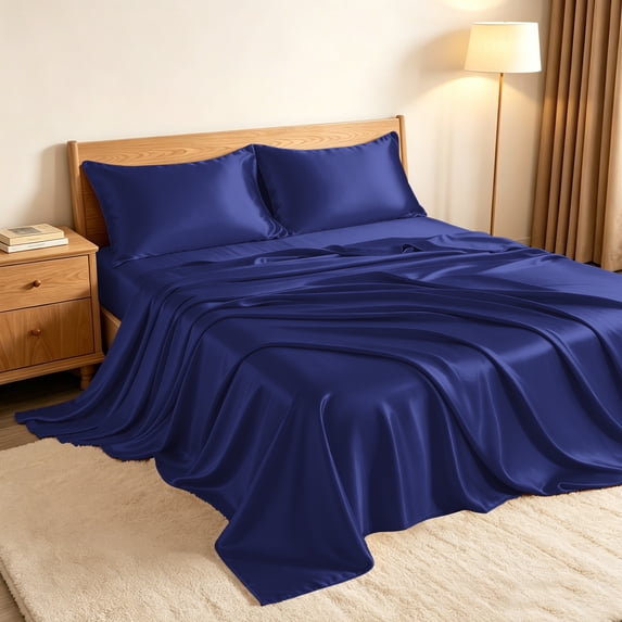 Kelnaro Twin Size Satin Sheet Set 3-Piece, Deep Pocket Cooling & Breathable Bedding, Silky Soft Wrinkle Resistant, Navy Blue