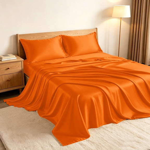 Kelnaro Twin Size Satin Sheet Set 3-Piece, Deep Pocket Cooling & Breathable Bedding, Silky Soft Wrinkle Resistant, Orange