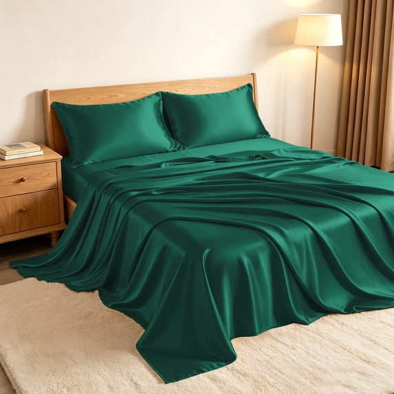 Kelnaro Twin-XL Size Satin Sheet Set 3-Piece, Deep Pocket Cooling & Breathable Bedding, Silky Soft Wrinkle Resistant, Dark Green