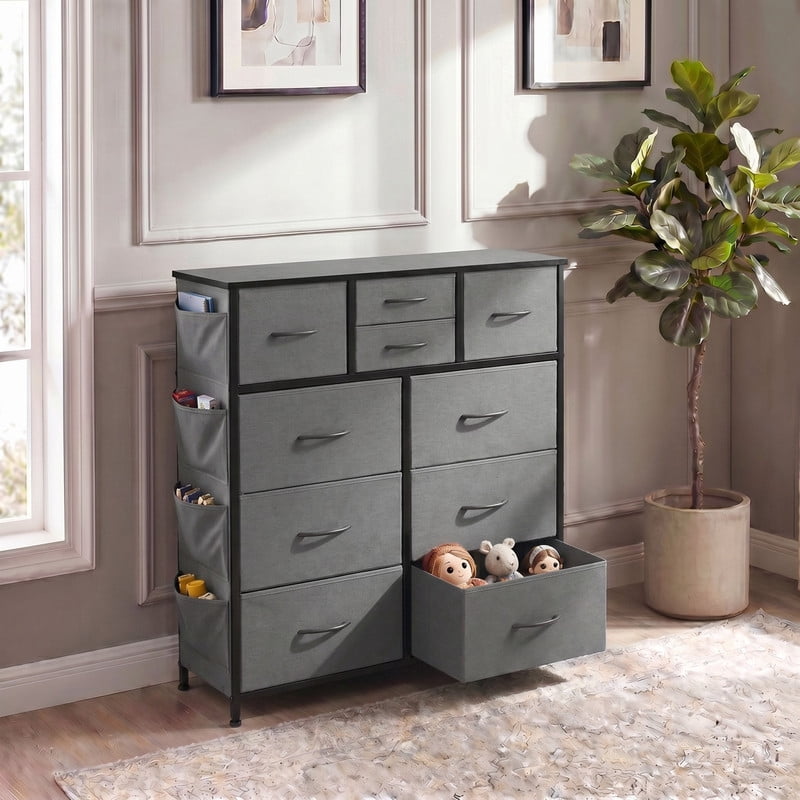 Kelno 10 Drawer Fabric Dresser Storage Organizer with Side Pockets Sturdy Metal Frame Wood Top, Gray