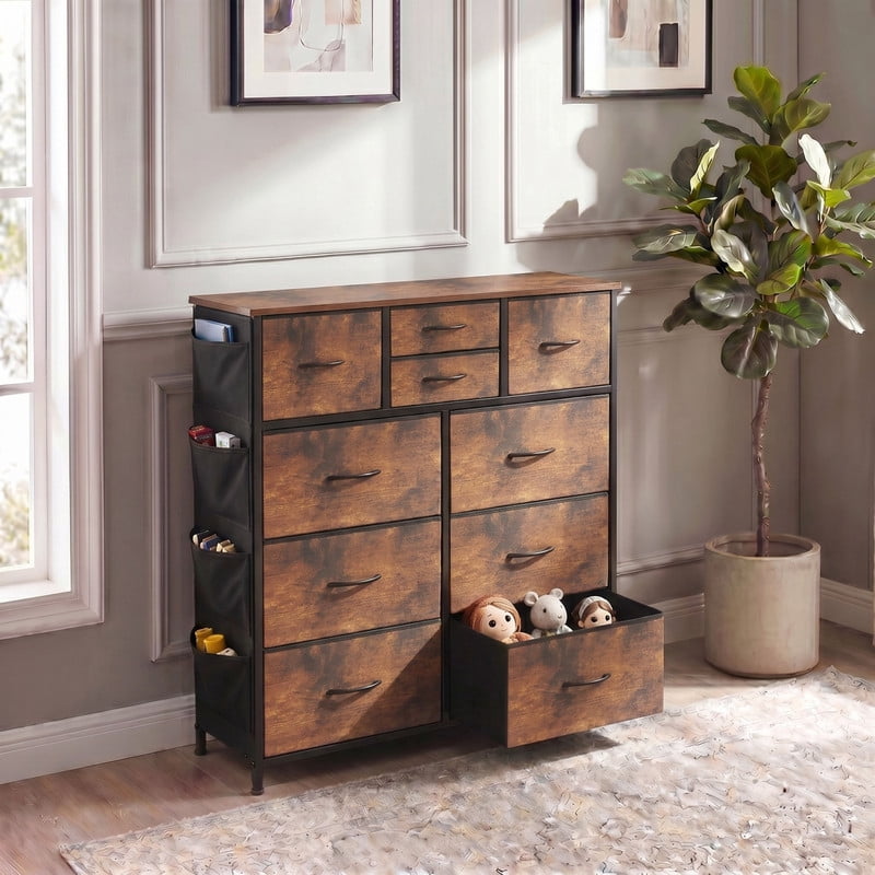 Kelno 10 Drawer Fabric Dresser Storage Organizer with Side Pockets Sturdy Metal Frame Wood Top, Rustic Brown