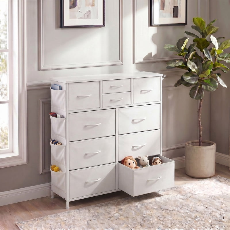 Kelno 10 Drawer Fabric Dresser Storage Organizer with Side Pockets Sturdy Metal Frame Wood Top, White
