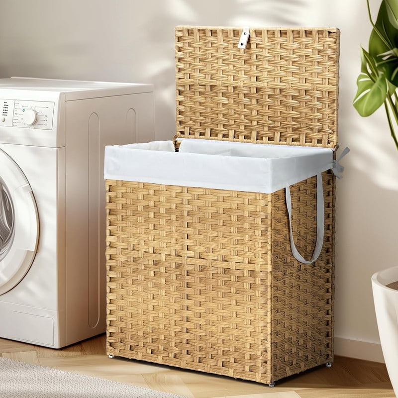 Kelno 110L Laundry Basket with Lid Foldable Rattan Clothes Hamper with Removable Liner Bag, Natural
