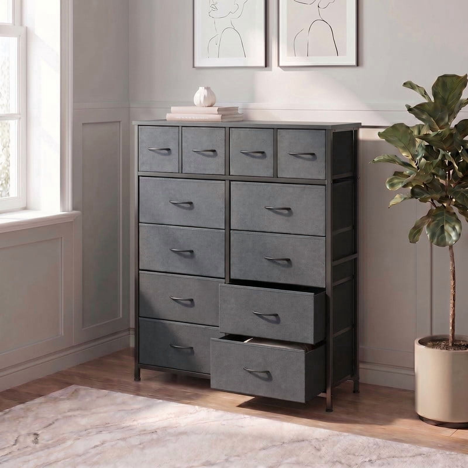 Kelno 12 Drawer Fabric Dresser Storage Tower Sturdy Steel Frame Wood Top Organizer, Gray