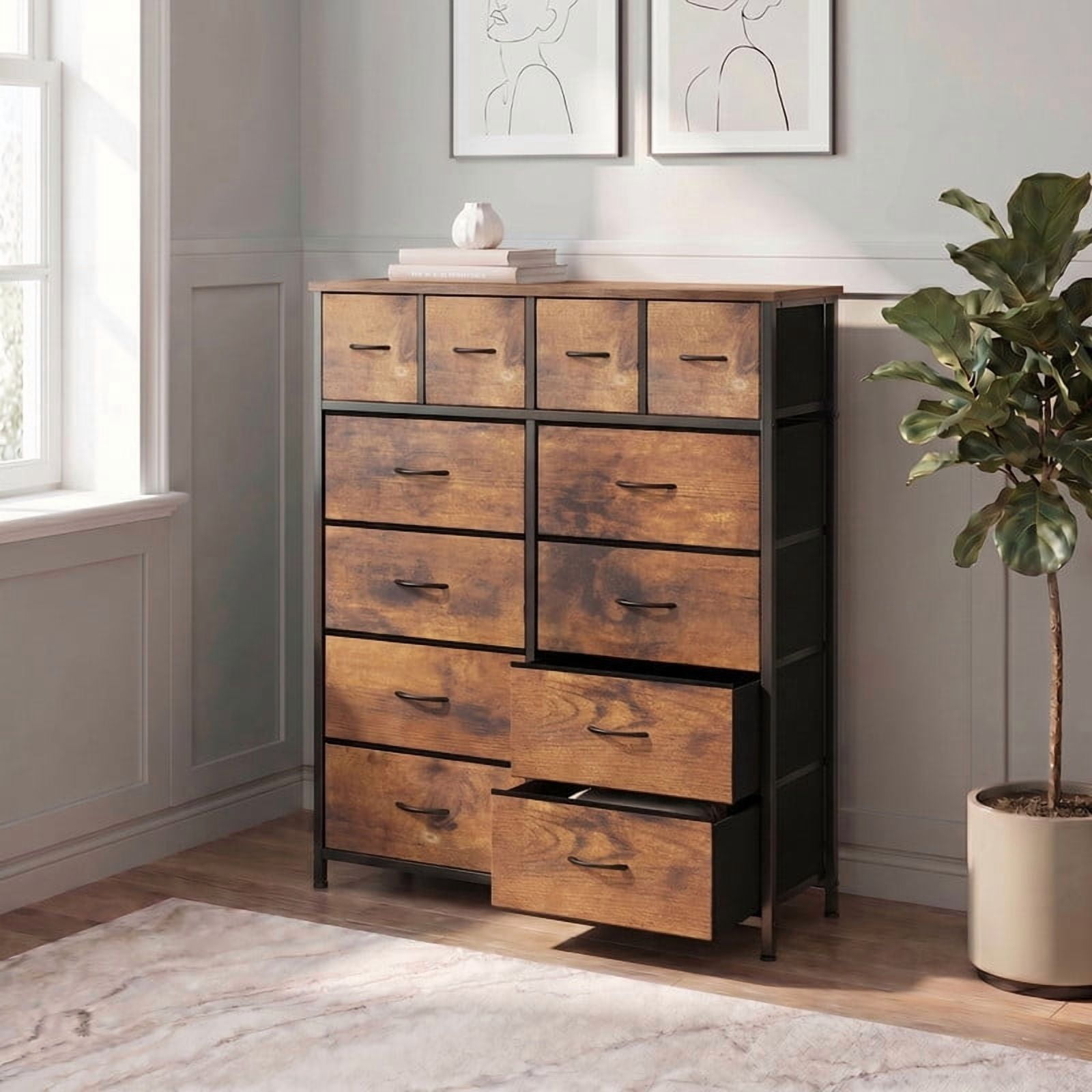 Kelno 12 Drawer Fabric Dresser Storage Tower Sturdy Steel Frame Wood Top Organizer, Rustic Brown