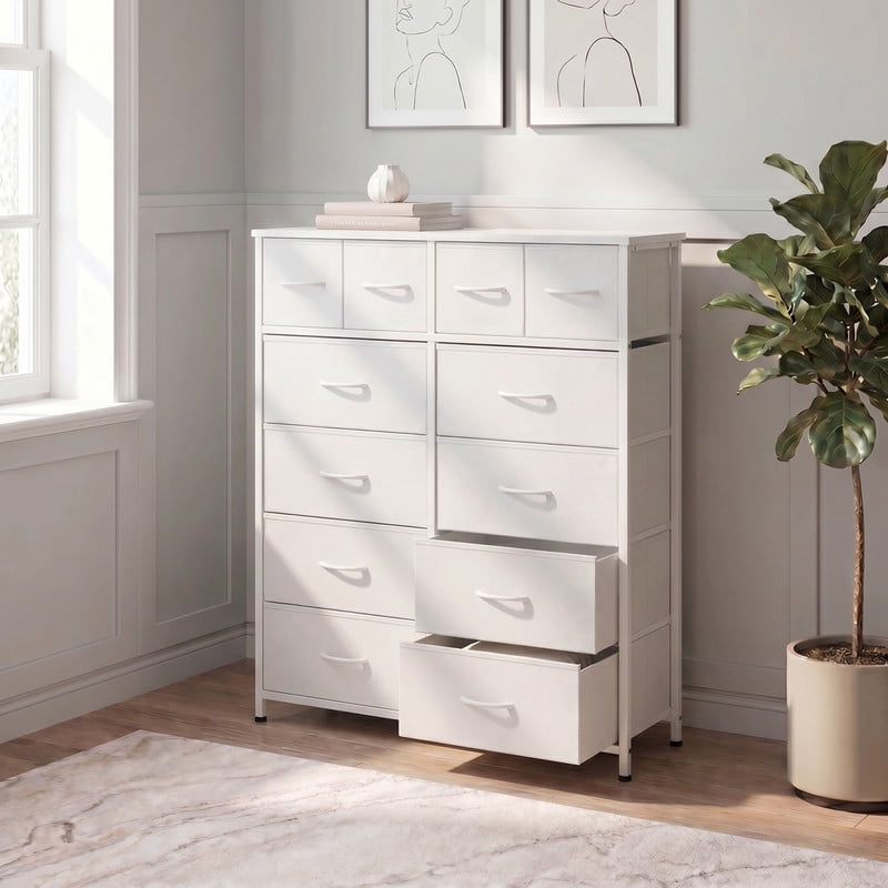 Kelno 12 Drawer Fabric Dresser Storage Tower Sturdy Steel Frame Wood Top Organizer, White