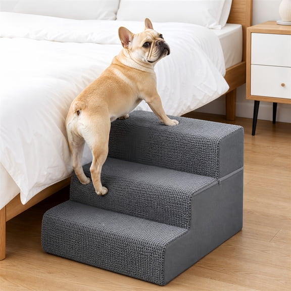 Kelno 13" Tall Dog Stair Foldable Foam Right Angle Pet Steps with Removable Washable Cover, Gray