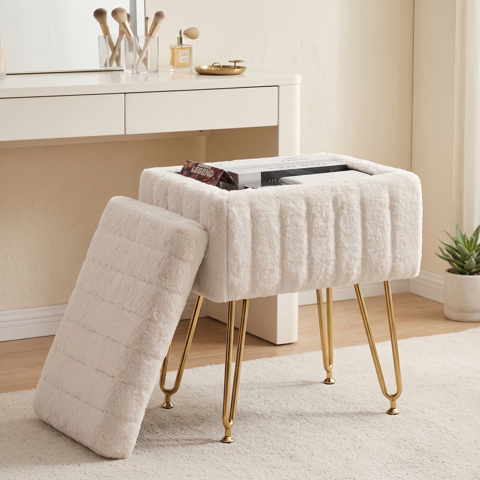 Kelno 18.9" Faux Fur Vanity Stool with Hidden Storage Soft Padded Ottoman Footrest with Metal Legs Antislip Adjustable Feet, Beige