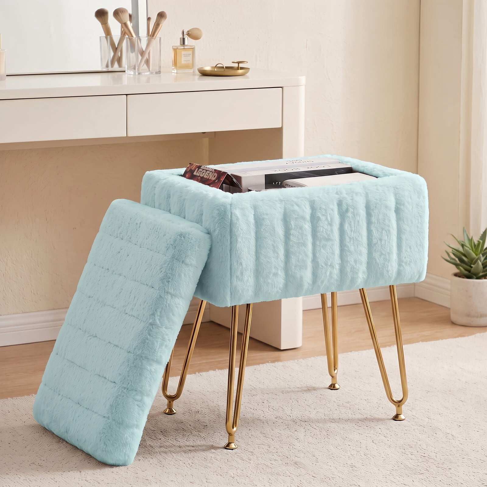 Kelno 18.9" Faux Fur Vanity Stool with Hidden Storage Soft Padded Ottoman Footrest with Metal Legs Antislip Adjustable Feet, Mint Green