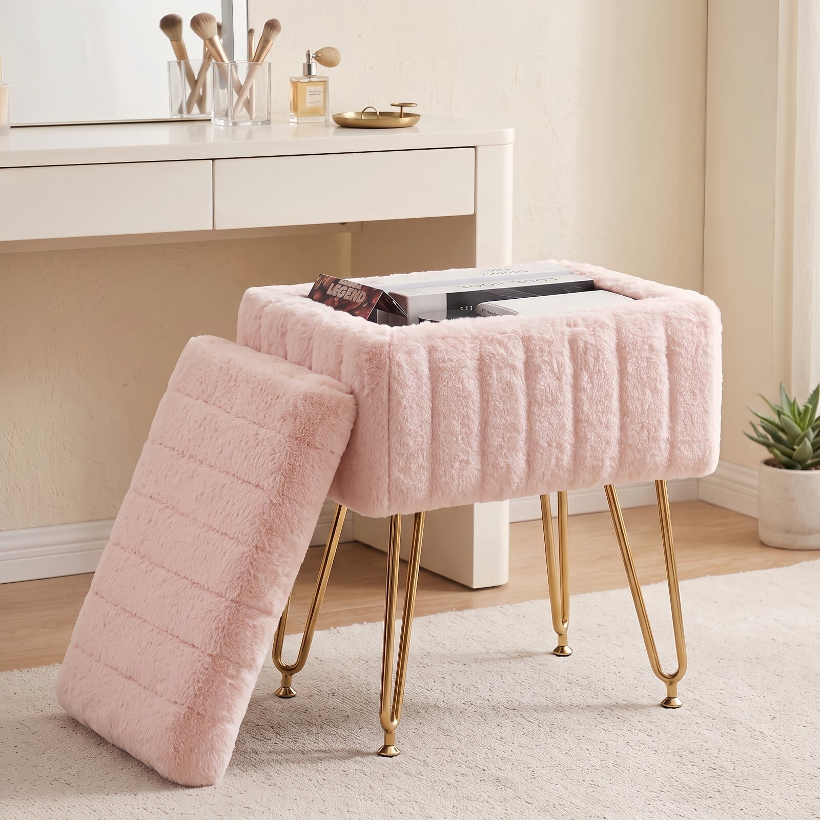 Kelno 18.9" Faux Fur Vanity Stool with Hidden Storage Soft Padded Ottoman Footrest with Metal Legs Antislip Adjustable Feet, Pink