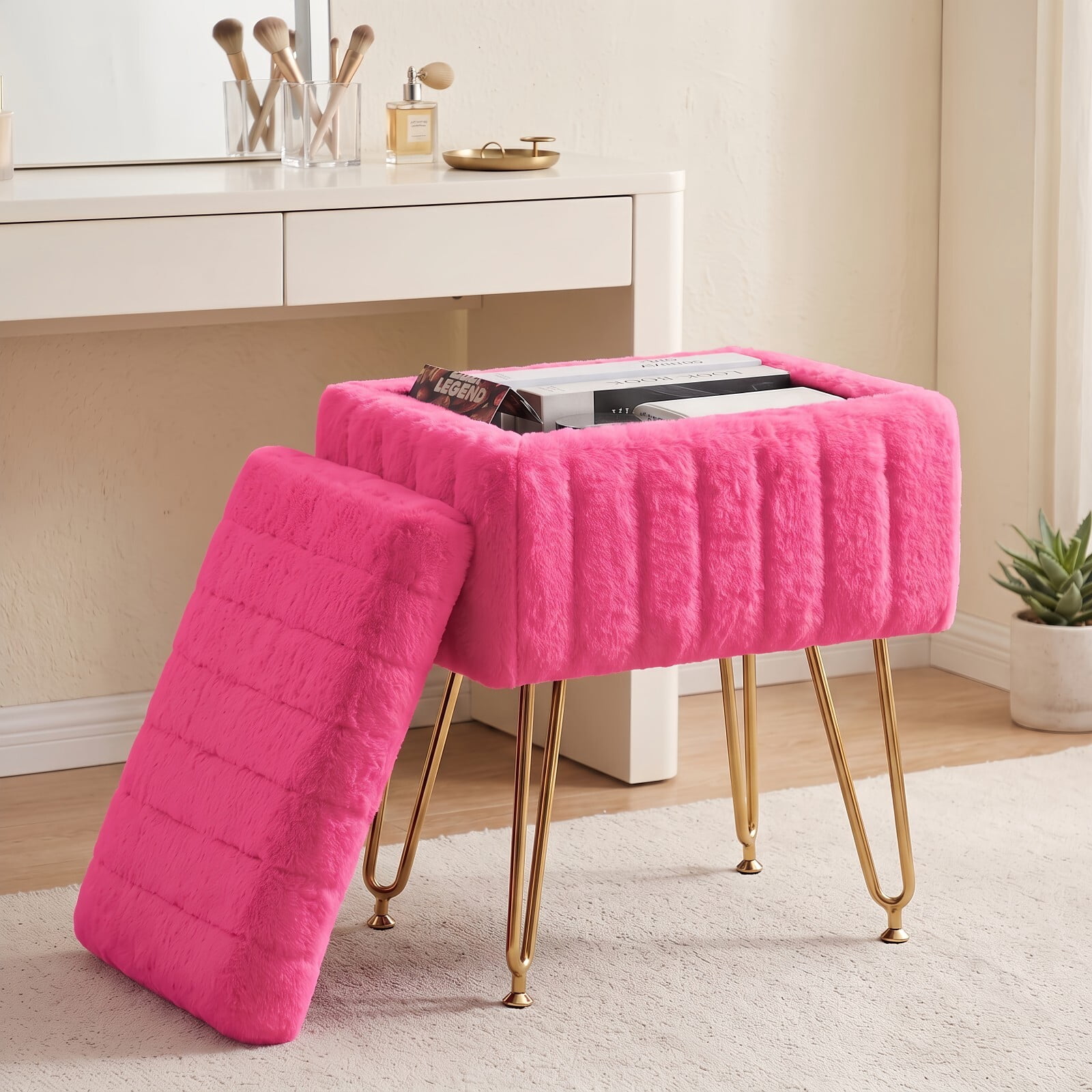 Kelno 18.9" Faux Fur Vanity Stool with Hidden Storage Soft Padded Ottoman Footrest with Metal Legs Antislip Adjustable Feet, Rose Red