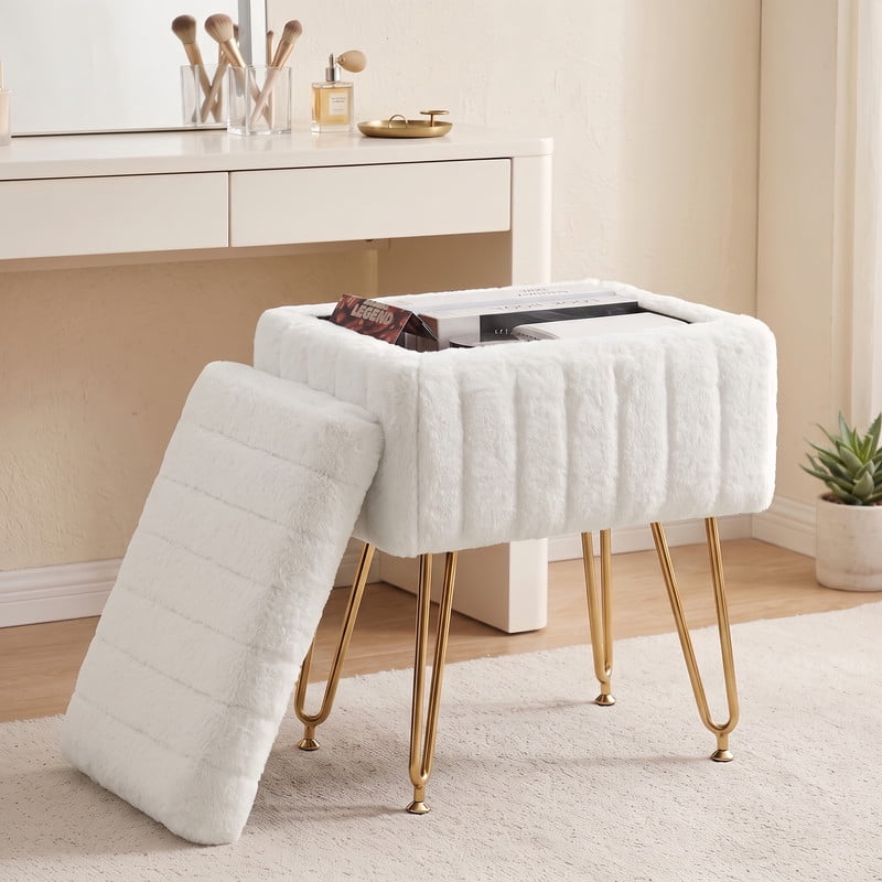 Kelno 18.9" Faux Fur Vanity Stool with Hidden Storage Soft Padded Ottoman Footrest with Metal Legs Antislip Adjustable Feet, White