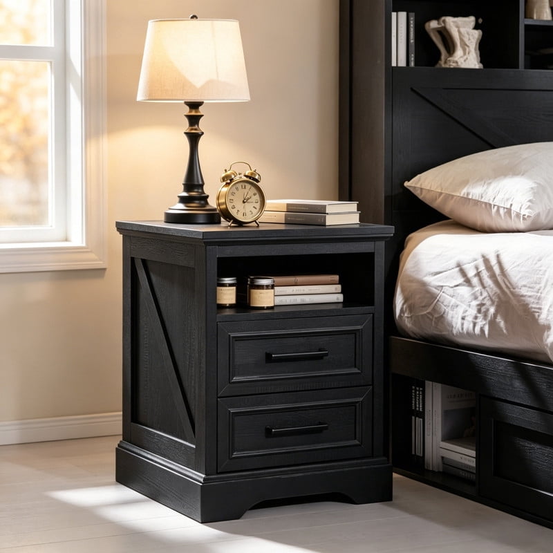 Kelno 18" Nightstand with Charging Station Farmhouse Wooden End Table with 2 Drawers USB TypeC Outlets，Black