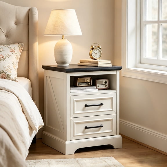 Kelno 18" Nightstand with Charging Station Farmhouse Wooden End Table with 2 Drawers USB TypeC Outlets,White