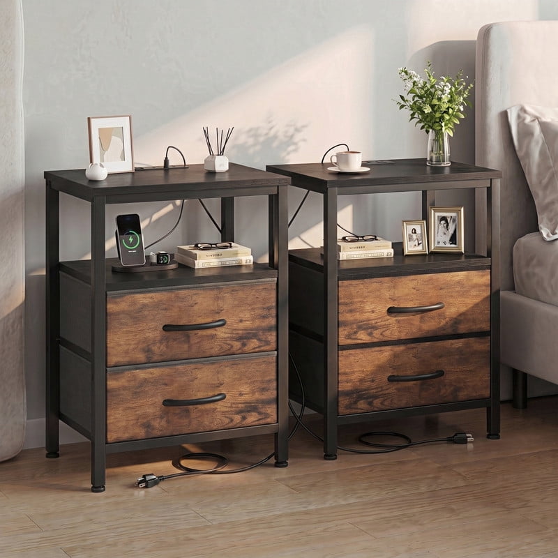 Kelno 2PCS Nightstand with 2 Fabric Drawers Charging Station USB TypeC Outlets Small Bedside Table with Open Storage Shelf, Black Brown