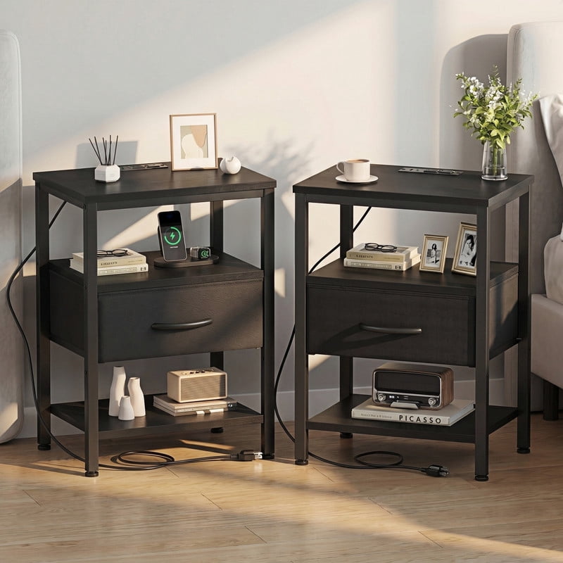 Kelno 2PCS Nightstand with Fabric Drawer Charging Station USB TypeC Outlets Small Bedside Table with Adjustable Shelf, Black