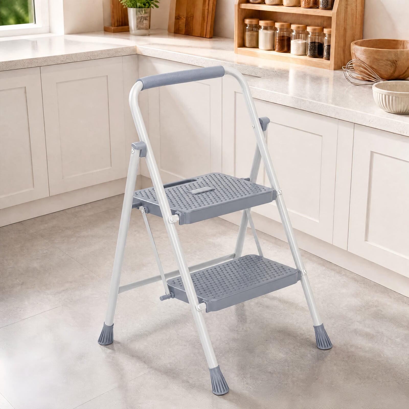 Kelno 2 Step Ladder 800Lbs Capacity Folding Step Stool with Anti Slip Pedals Safety Handrail, Gray White