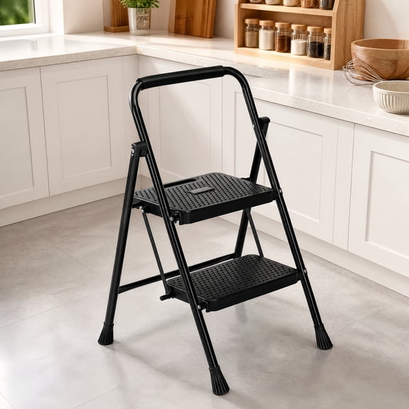 Kelno 2 Step Ladder 800Lbs Capacity Folding Step Stool with Anti Slip Pedals Safety Handrail, Pure Black