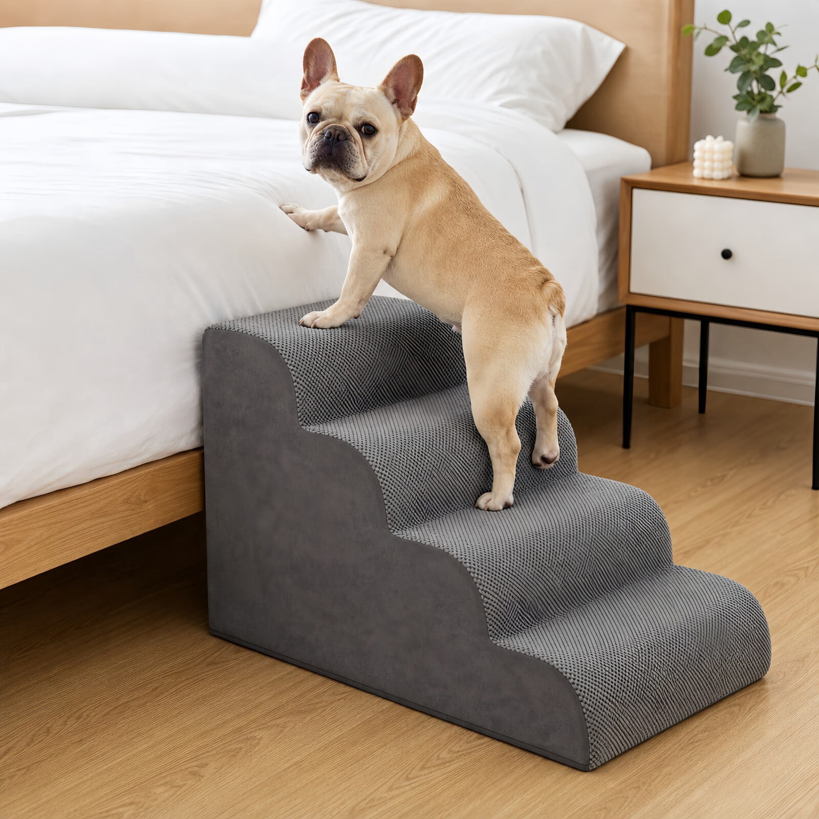 Kelno 20" Tall Dog Stair Foldable Foam Rounded Corner Pet Steps with Removable Washable Cover, Gray