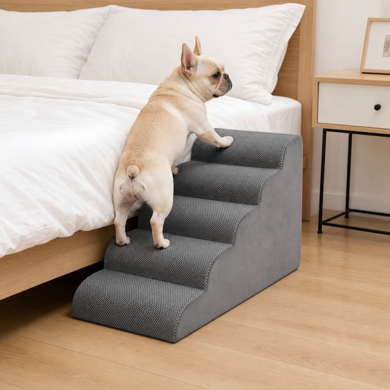 Kelno 22" Tall Dog Stair Foldable Foam Rounded Corner Pet Steps with Removable Washable Cover, Gray