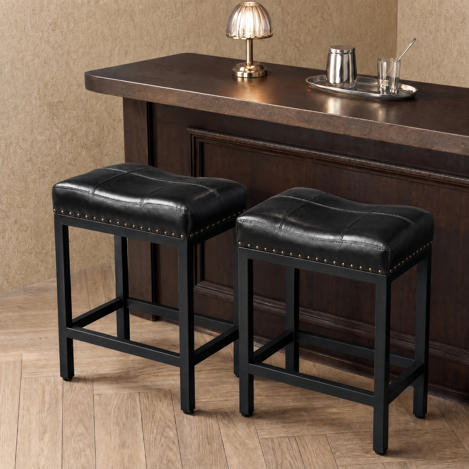 Kelno 24 Inch Saddle Bar Stool Set of 2 PU Leather Counter Stools with Steel Frame and Footrest, Black