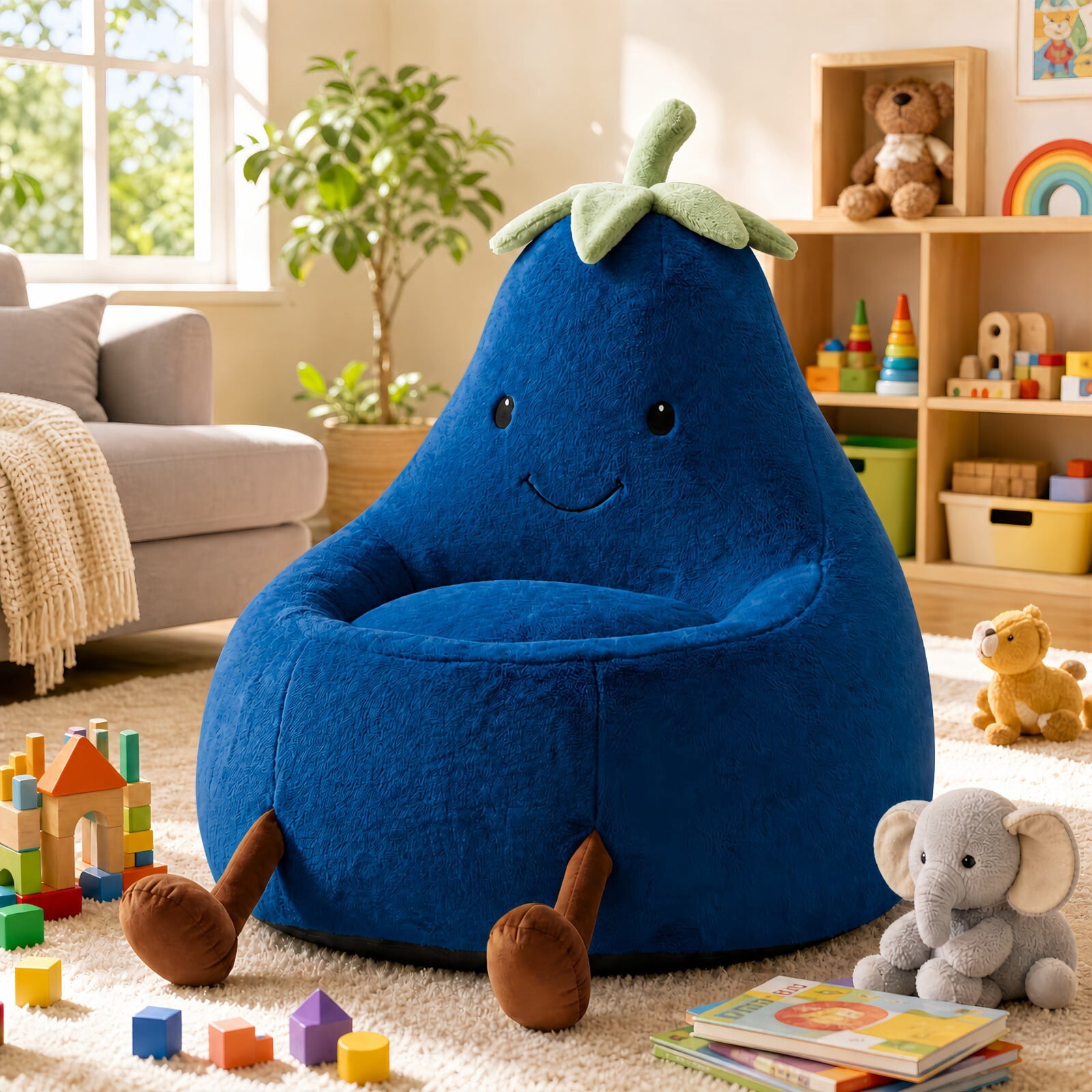 Kelno 24" Kids Bean Bag Chair Faux Rabbit Fur Lazy Chair Toddler Couch, Dark Blue
