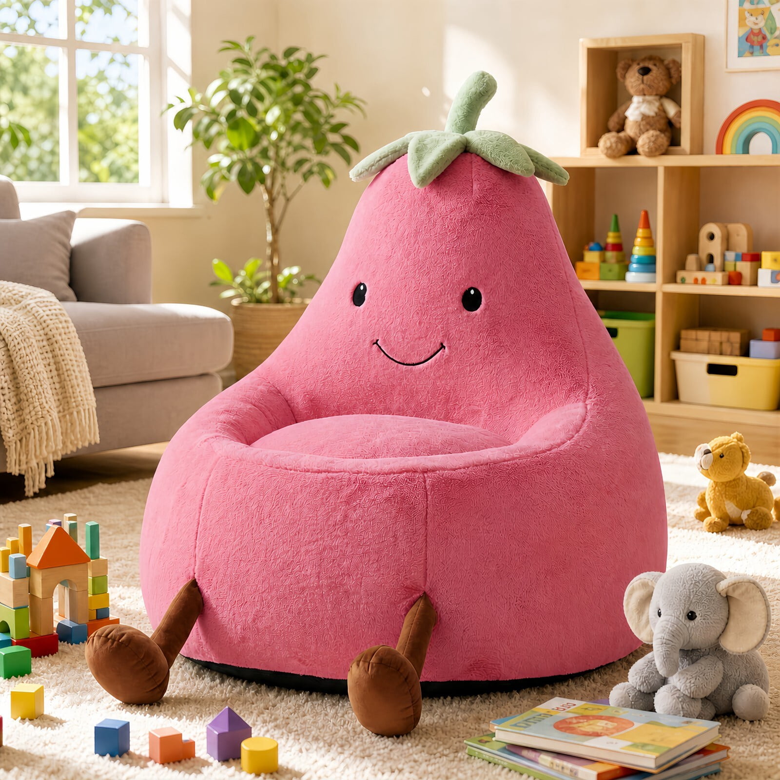 Kelno 24" Kids Bean Bag Chair Faux Rabbit Fur Lazy Chair Toddler Couch, Rose Red