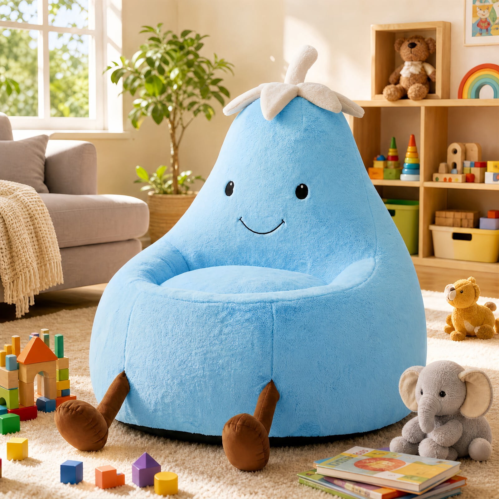Kelno 24" Kids Bean Bag Chair Faux Rabbit Fur Lazy Chair Toddler Couch, Blue