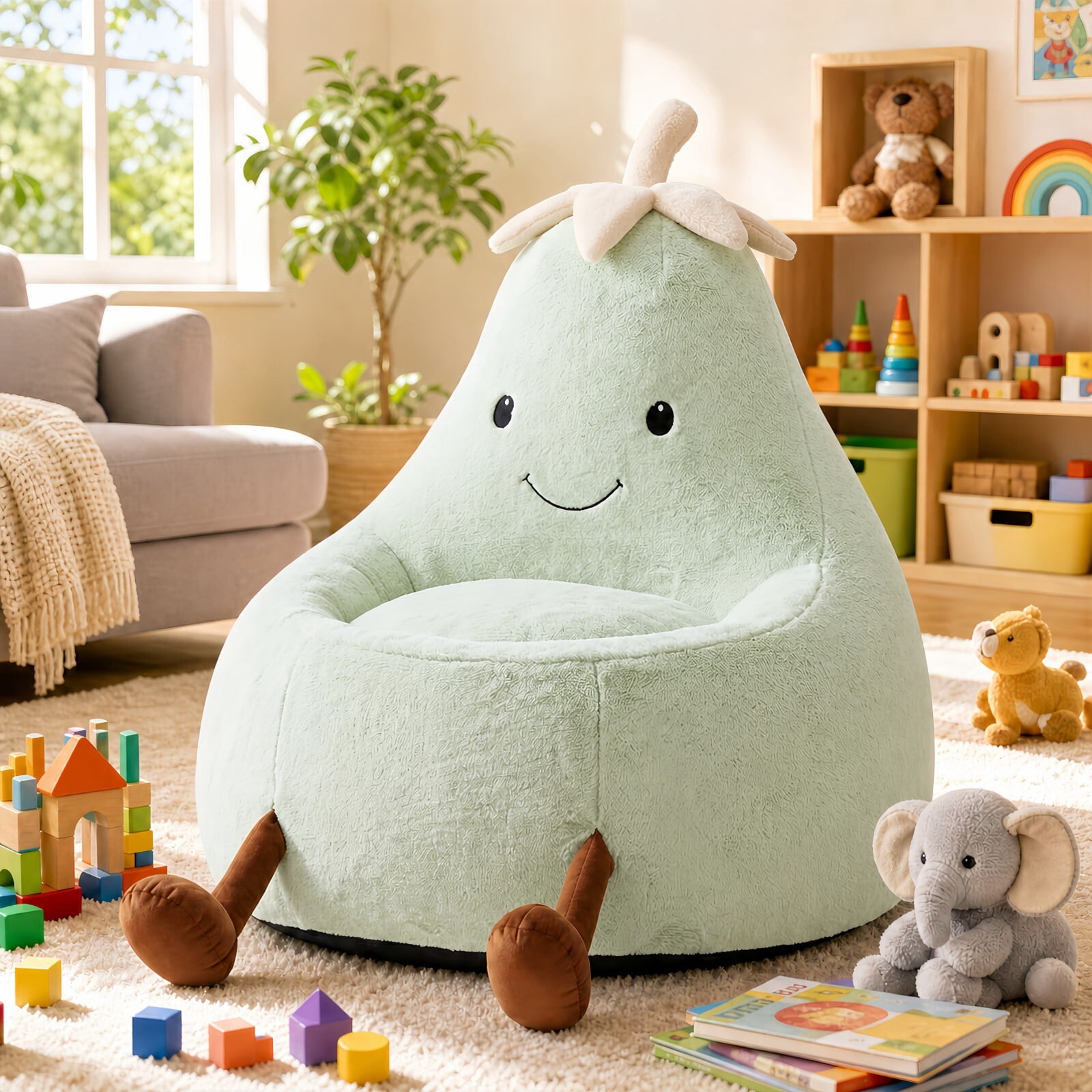 Kelno 24" Kids Bean Bag Chair Faux Rabbit Fur Lazy Chair Toddler Couch, Green