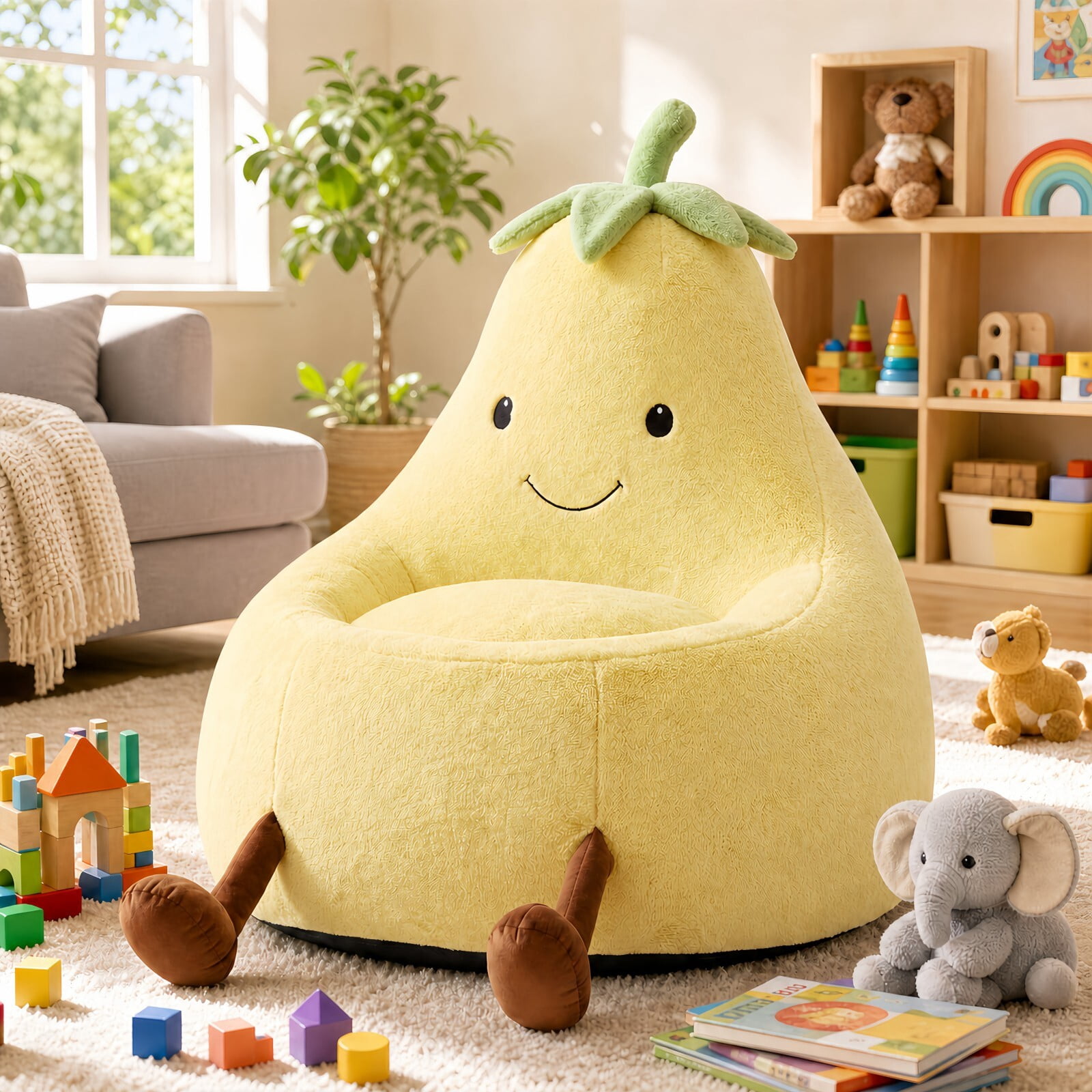 Kelno 24" Kids Bean Bag Chair Faux Rabbit Fur Lazy Chair Toddler Couch, Yellow