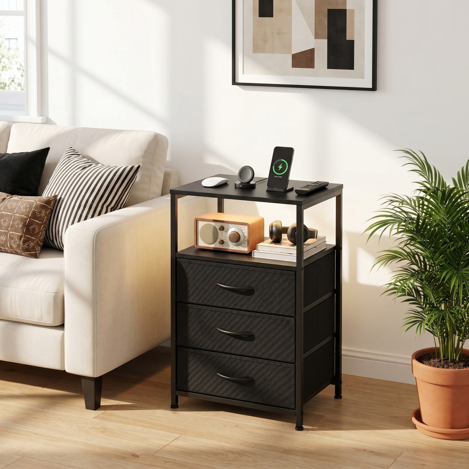 Kelno 3-Drawer Nightstand with Charging Station AC Outlets LED Light Dresser Bedside Table, Black