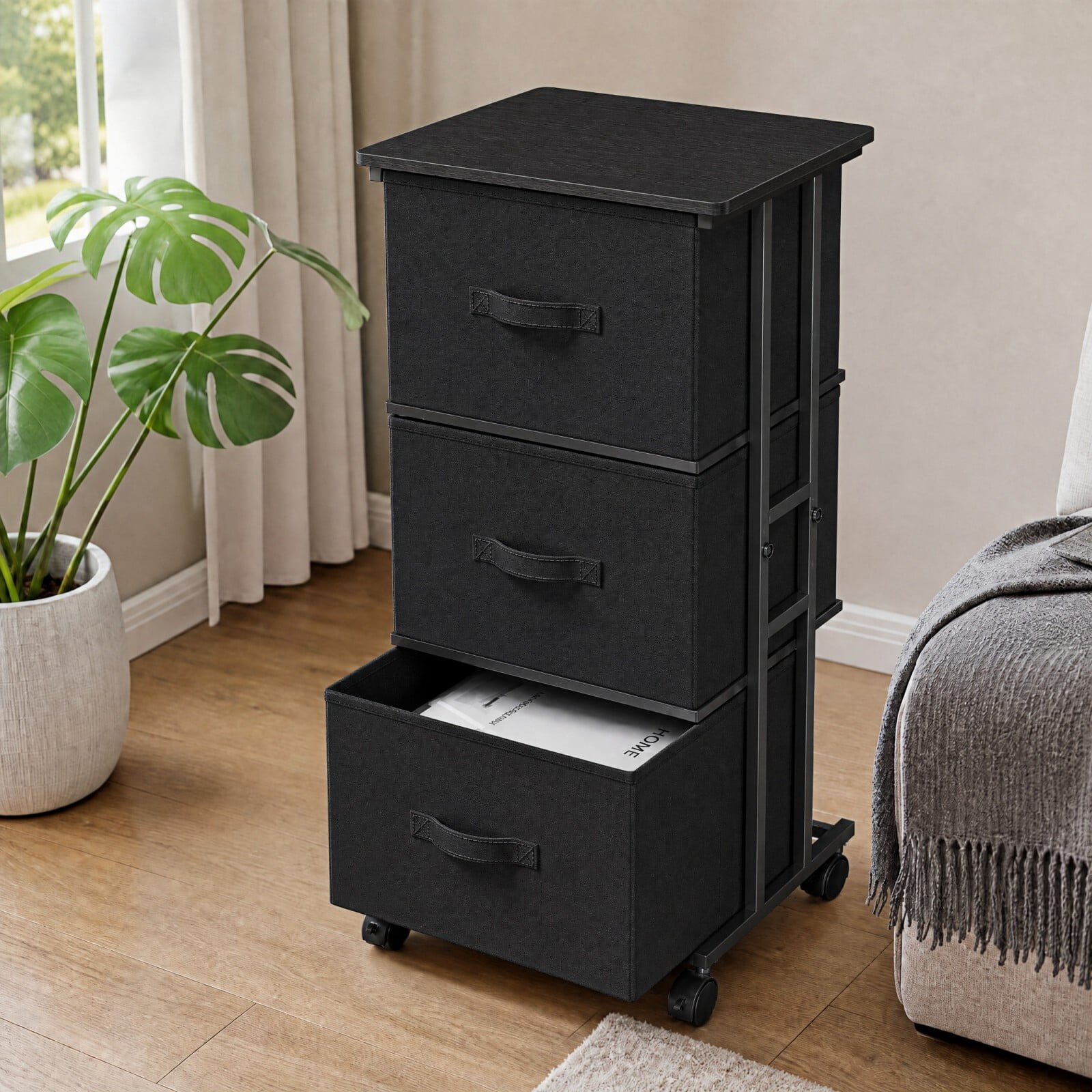 Kelno 3 Drawers Rolling Fabric Dresser Mobile Nightstand Storage Cabinet with Wheels, Black