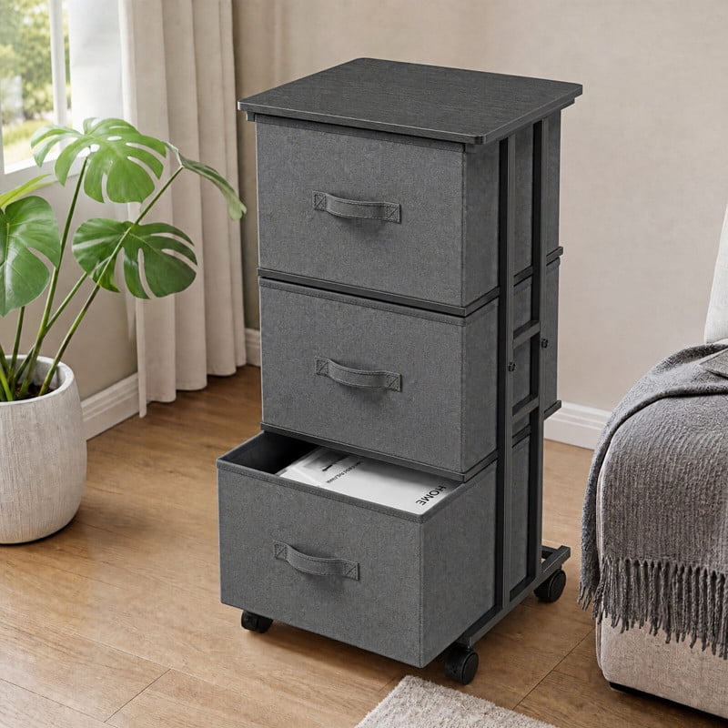 Kelno 3 Drawers Rolling Fabric Dresser Mobile Nightstand Storage Cabinet with Wheels, Gray
