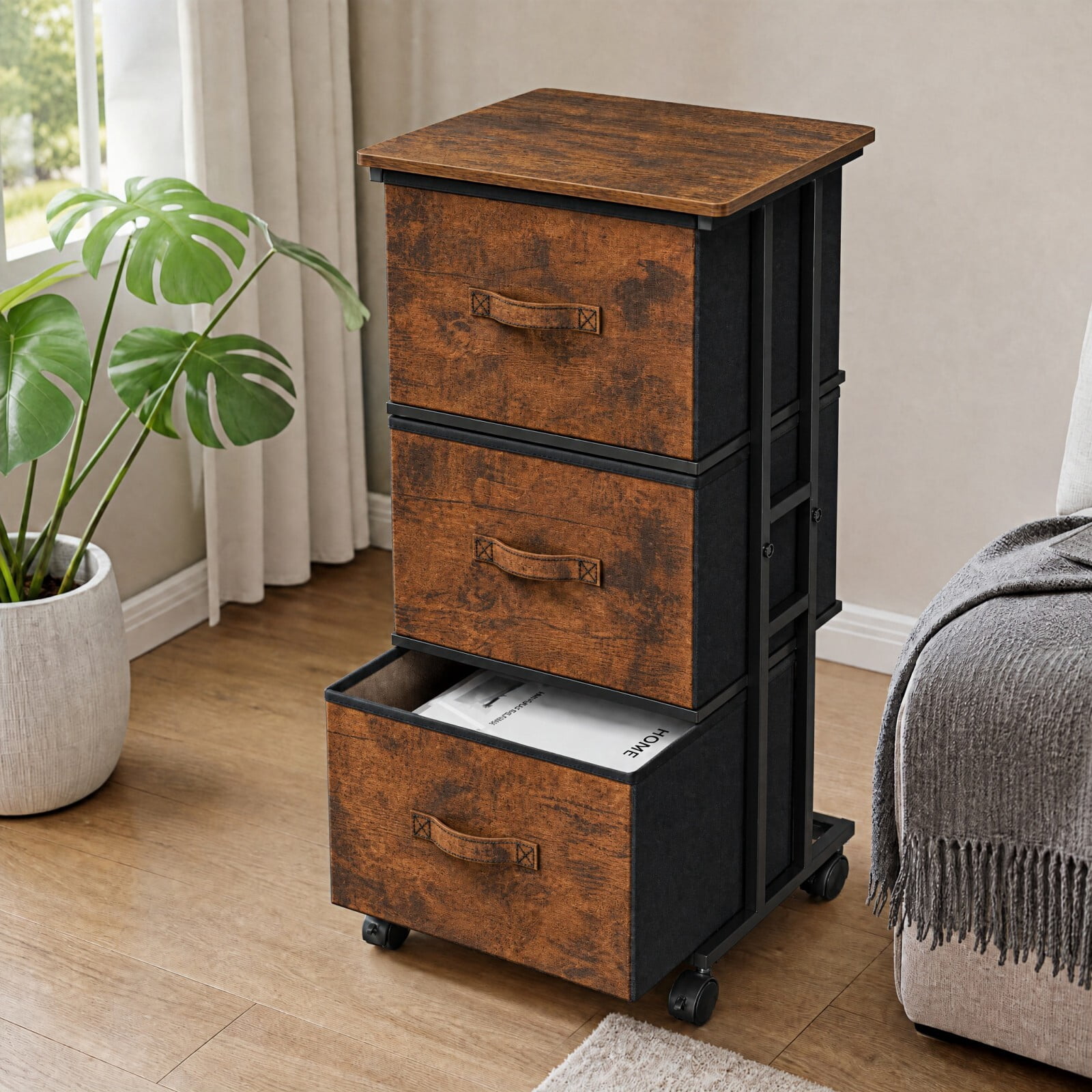 Kelno 3 Drawers Rolling Fabric Dresser Mobile Nightstand Storage Cabinet with Wheels, Rustic Brown