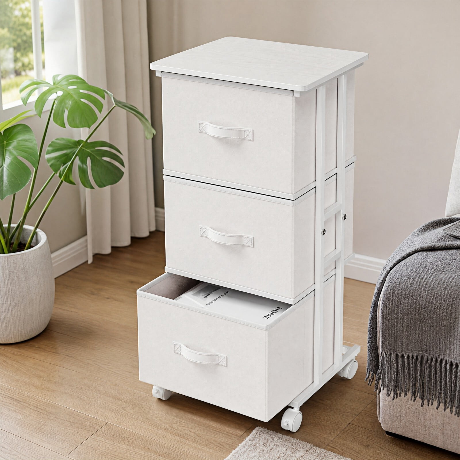 Kelno 3 Drawers Rolling Fabric Dresser Mobile Nightstand Storage Cabinet with Wheels, White