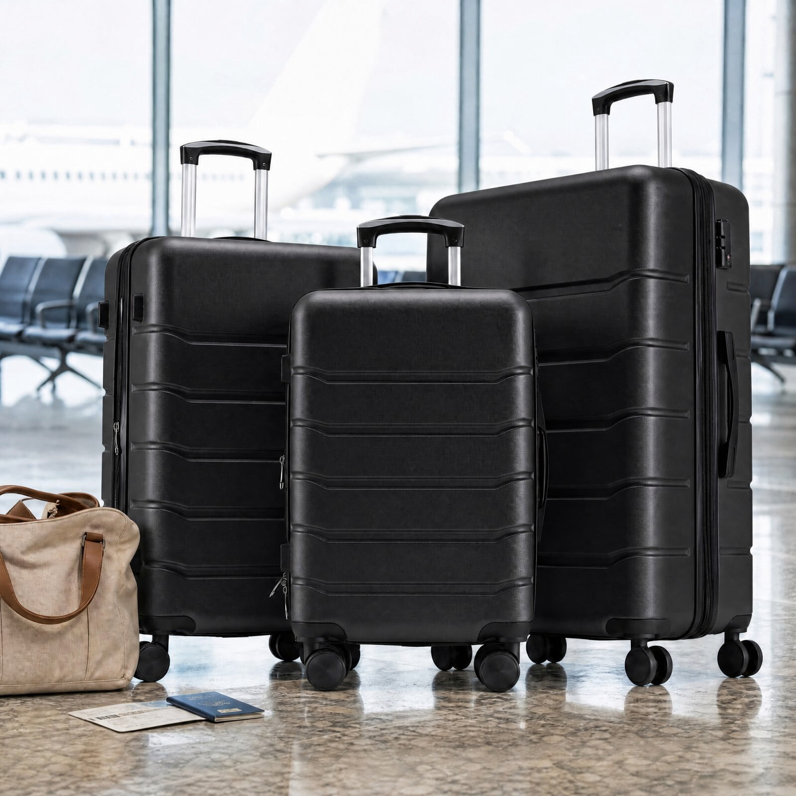 Kelno 3-Piece Hardside Luggage Set 20/24/28Inch ABS Suitcase Set with Double Spinner Wheels TSA Lock Lightweight Rolling Luggage, Black