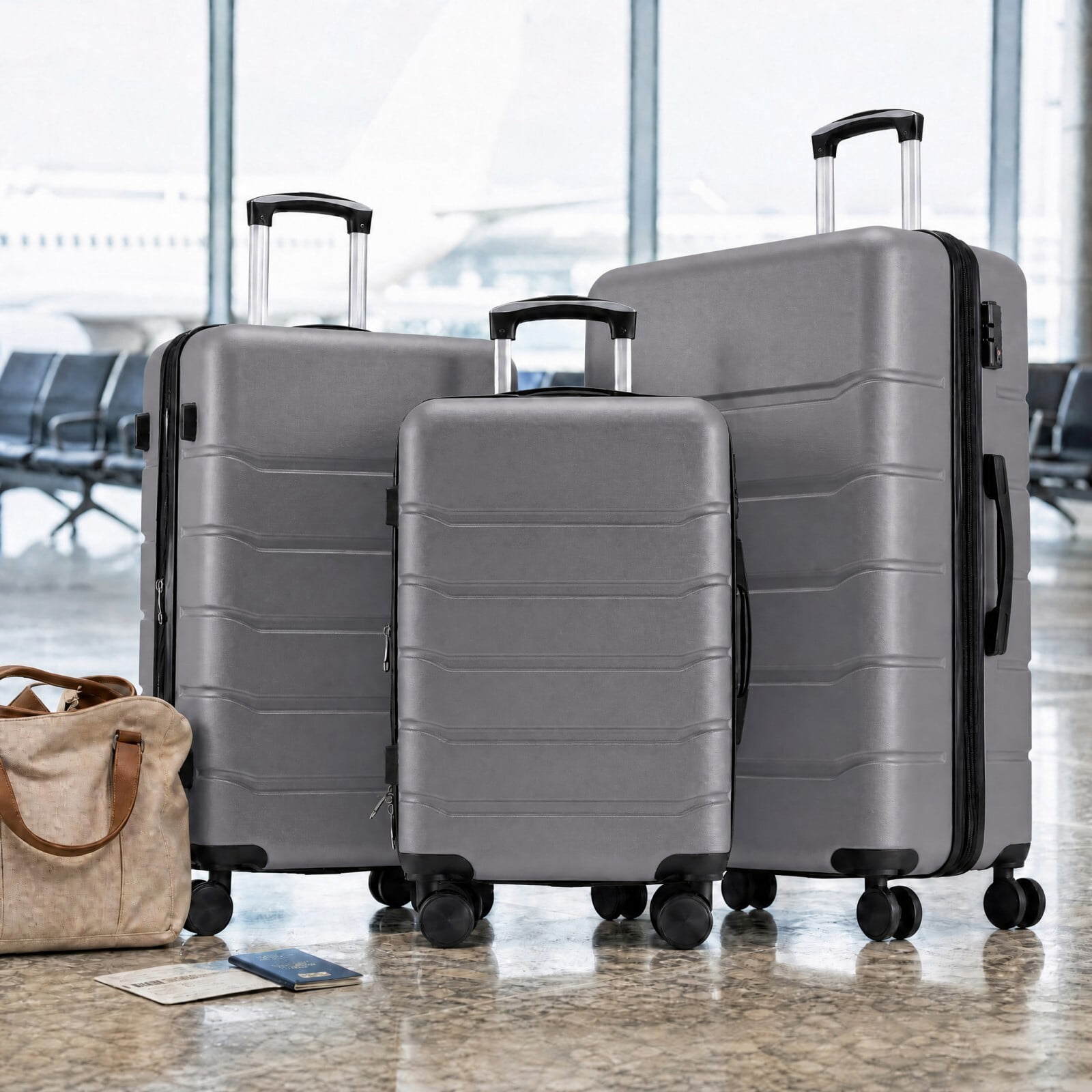 Kelno 3-Piece Hardside Luggage Set 20/24/28Inch ABS Suitcase Set with Double Spinner Wheels TSA Lock Lightweight Rolling Luggage, Dark Gray