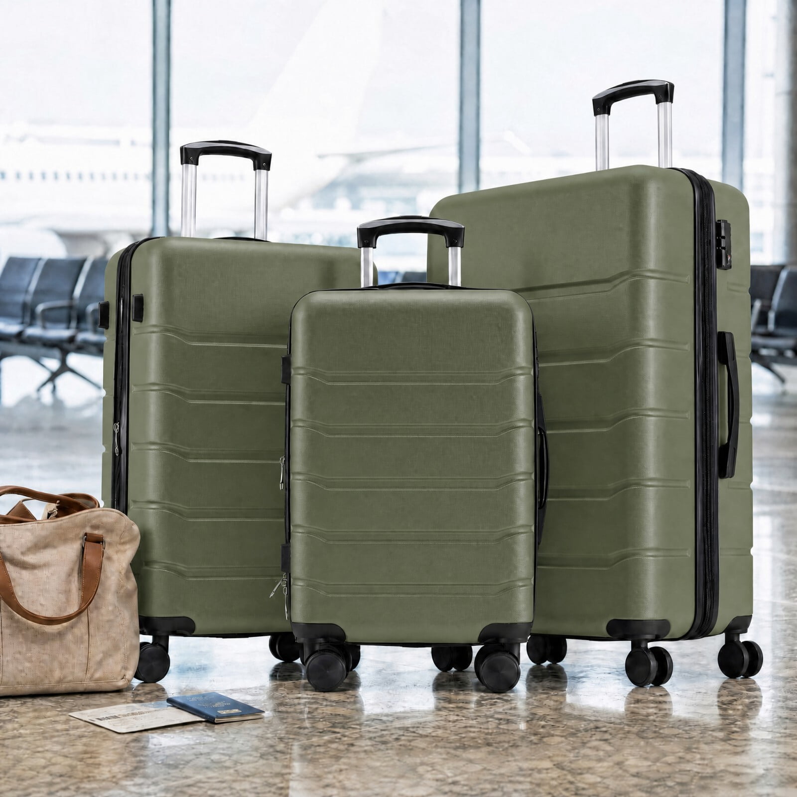 Kelno 3-Piece Hardside Luggage Set 20/24/28Inch ABS Suitcase Set with Double Spinner Wheels TSA Lock Lightweight Rolling Luggage, Green