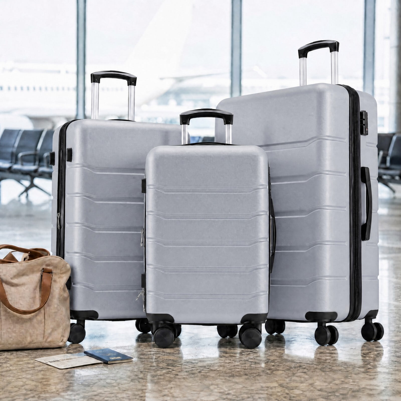 Kelno 3-Piece Hardside Luggage Set 20/24/28Inch ABS Suitcase Set with Double Spinner Wheels TSA Lock Lightweight Rolling Luggage, Light Gray