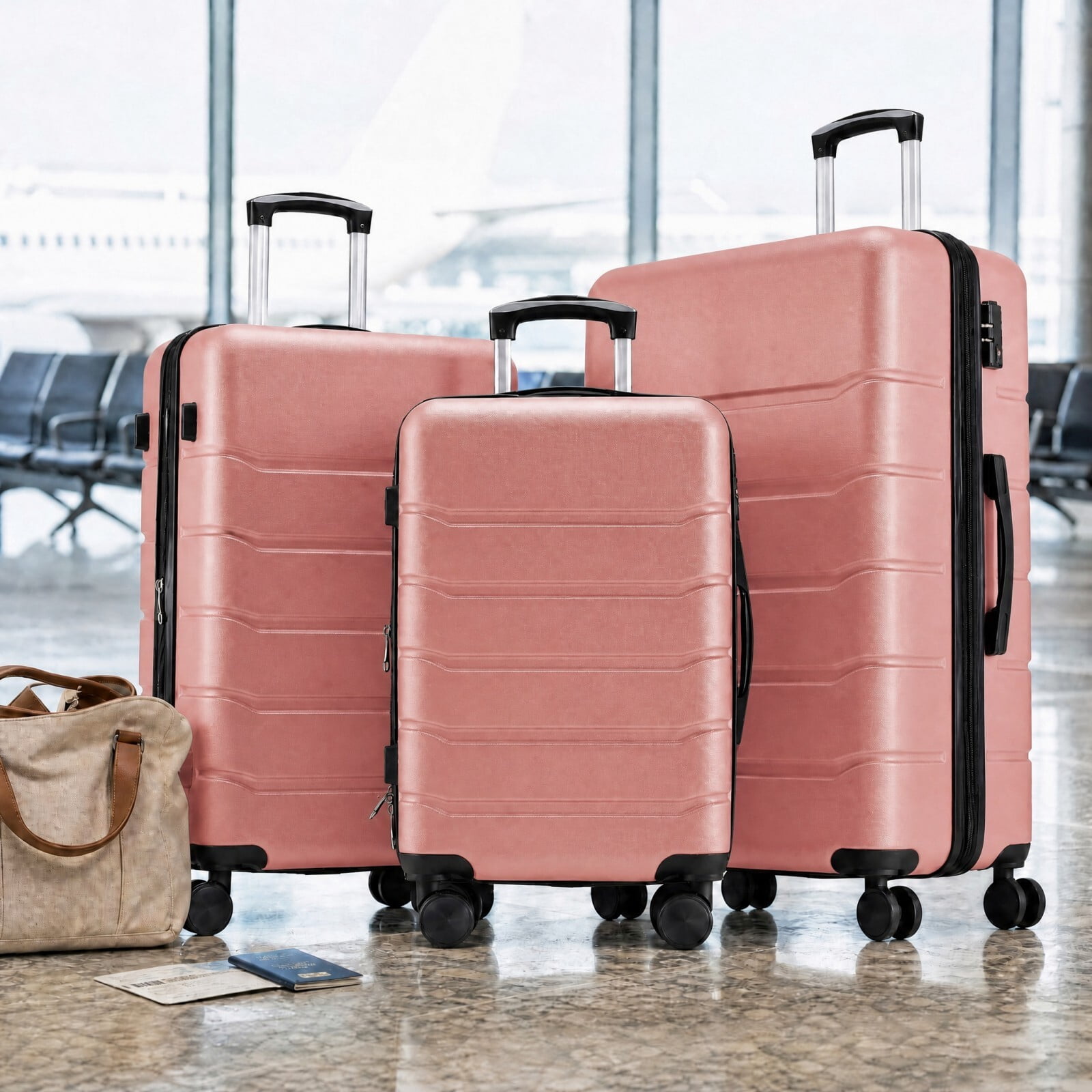 Kelno 3-Piece Hardside Luggage Set 20/24/28Inch ABS Suitcase Set with Double Spinner Wheels TSA Lock Lightweight Rolling Luggage, Pink