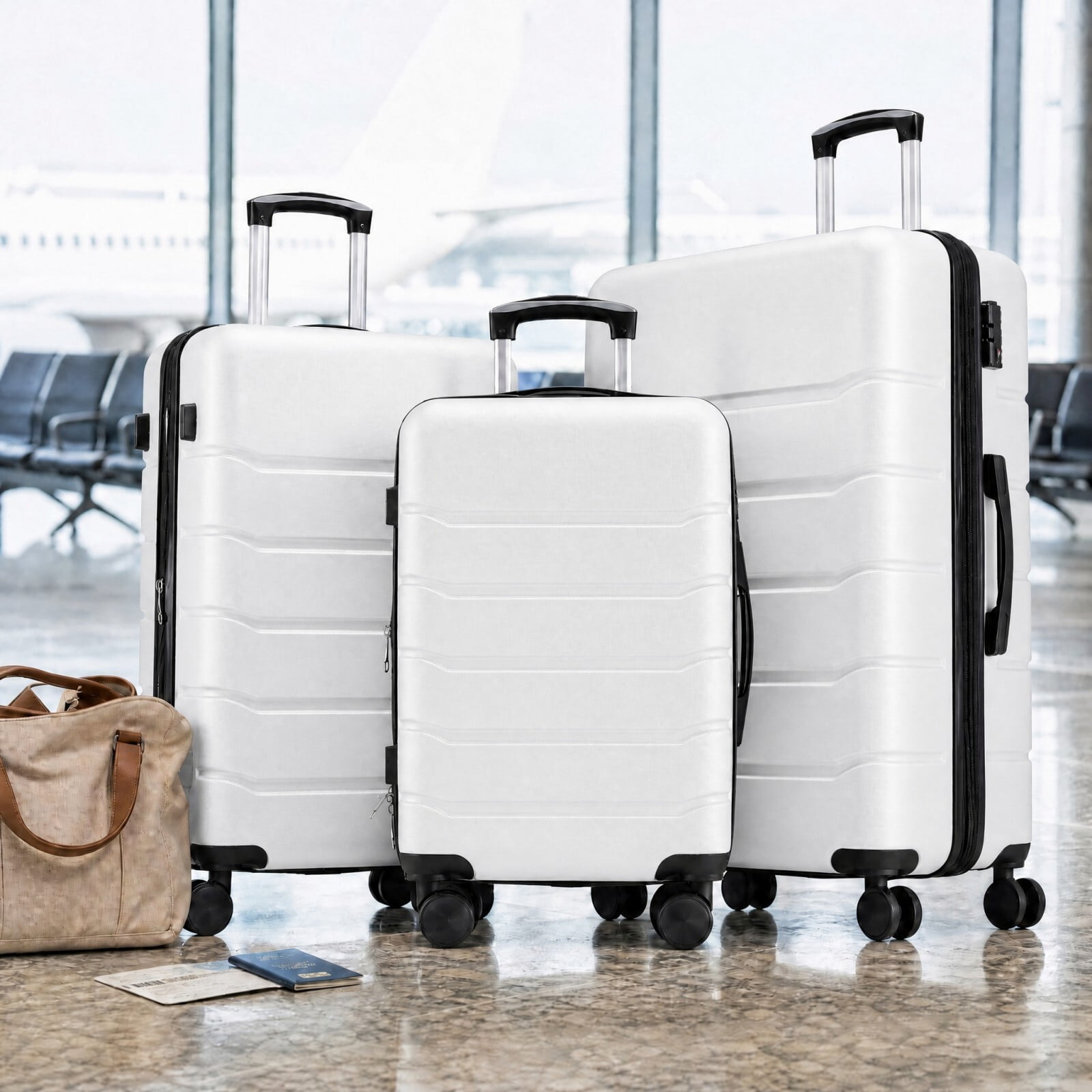 Kelno 3-Piece Hardside Luggage Set 20/24/28Inch ABS Suitcase Set with Double Spinner Wheels TSA Lock Lightweight Rolling Luggage, White