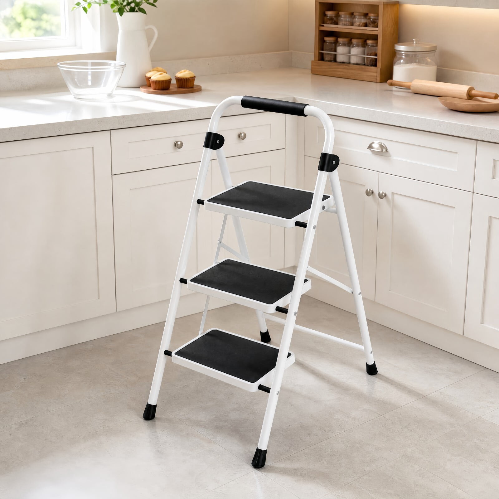 Kelno 3 Step Folding Step Stool 330Lbs Heavy Duty Step Ladder with Anti Slip Pedals Safety Handrail, Black White