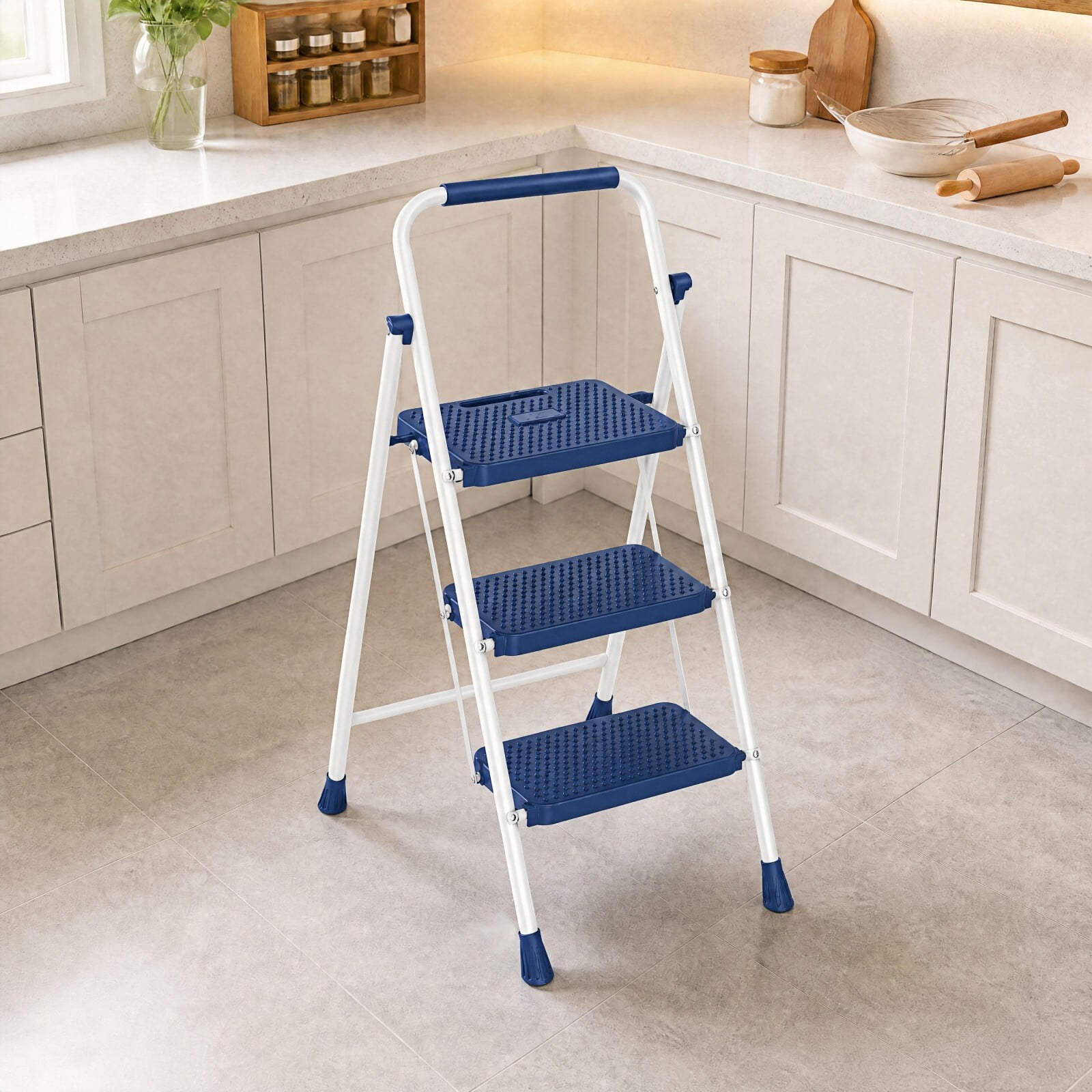 Kelno 3 Step Ladder 800Lbs Capacity Folding Step Stool with Anti Slip Pedals Safety Handrail, Blue White