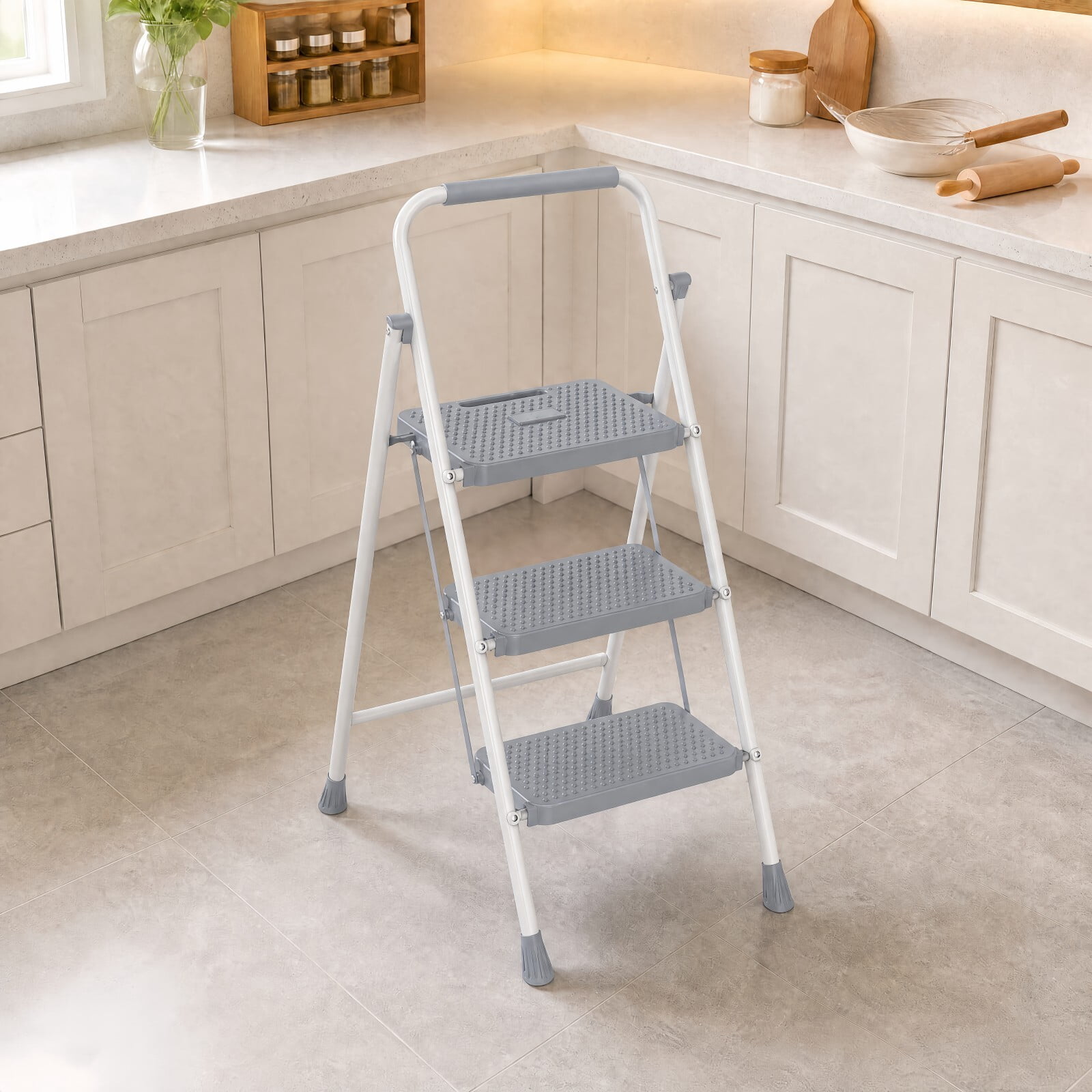 Kelno 3 Step Ladder 800Lbs Capacity Folding Step Stool with Anti Slip Pedals Safety Handrail, Gray White