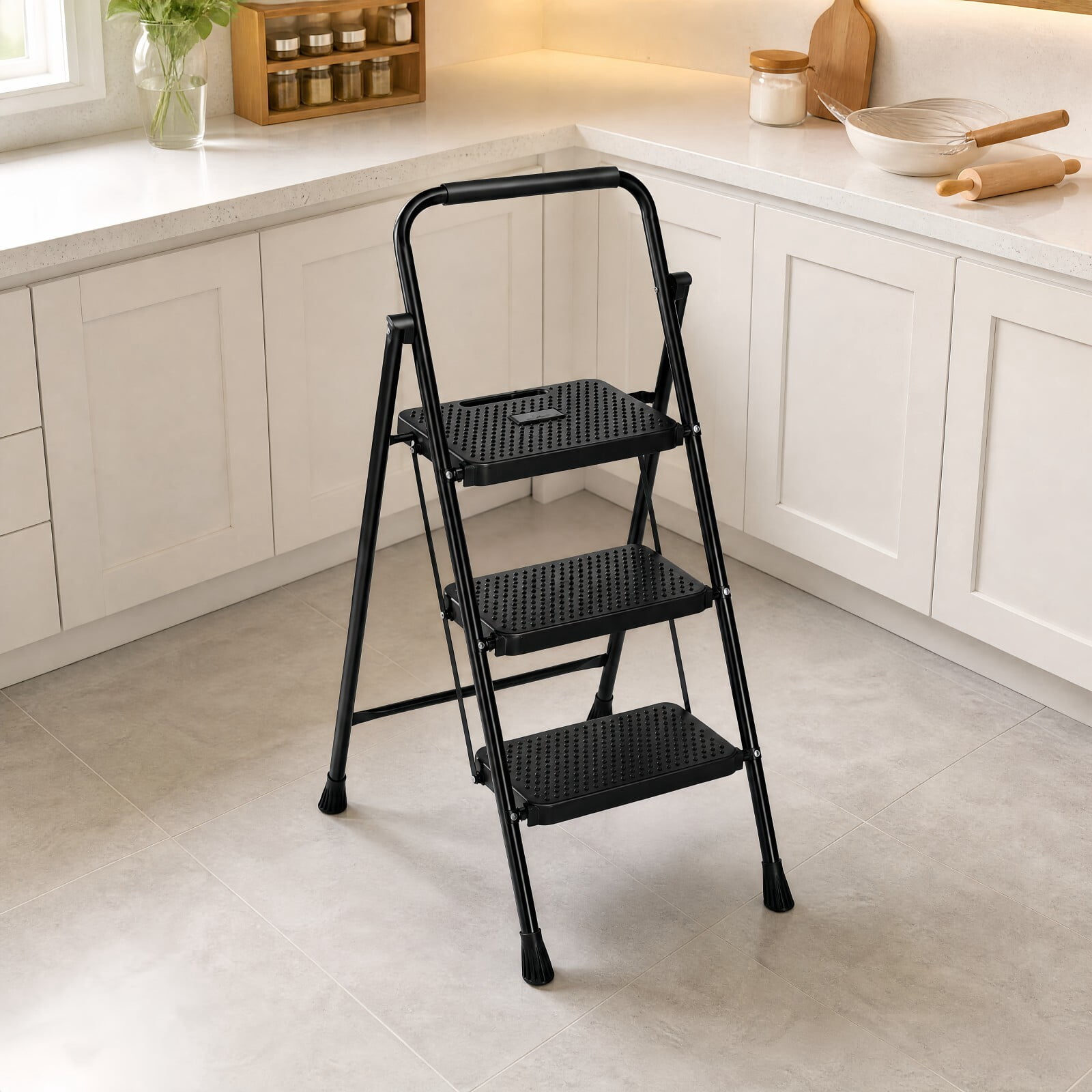 Kelno 3 Step Ladder 800Lbs Capacity Folding Step Stool with Anti Slip Pedals Safety Handrail, Pure Black